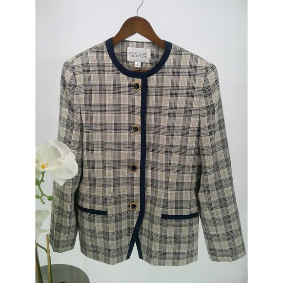 Vtg Executive Collection Womens Navy Beige Plaid 4 Button Lined Blazer Size 14 - Picture 1 of 8